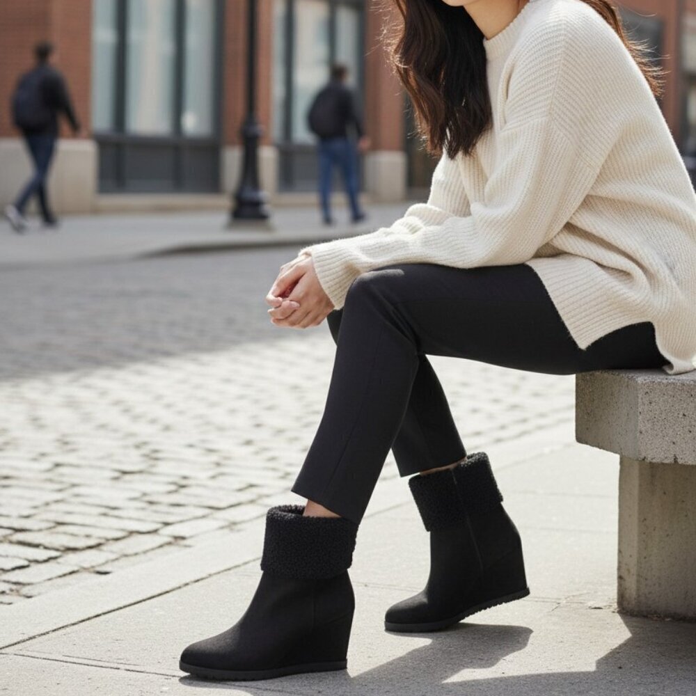 DKNY Powell Wedge Bootie Women's Black Ankle Boot Faux Shearling Size 6.5